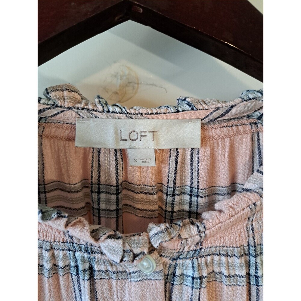 Loft Size S Blouse Pink Plaid Long Sleeve Buttons Ruffled Neck Peasant Cottage - Picture 4 of 6